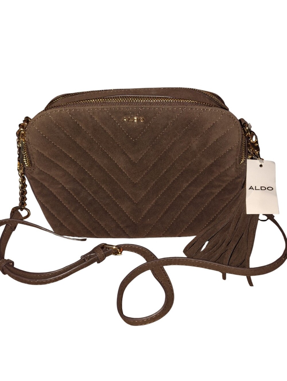 ALDO Brown Quilted Suede Crossbody with Tassel, Double Zipper Closure, NWT